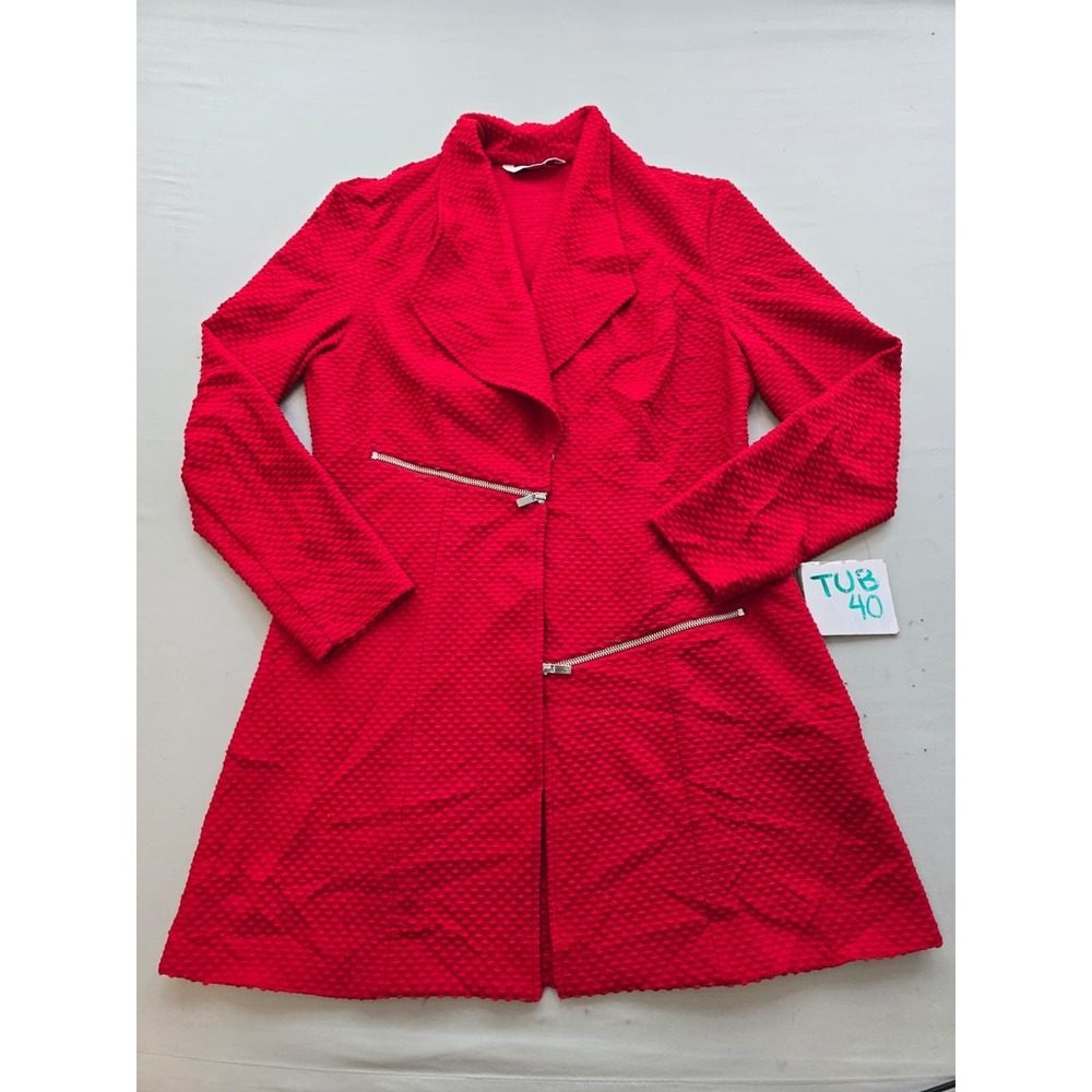 Red Textured Knit Longline Jacket Notched Lapel Zip Detail A-Line Coatigan